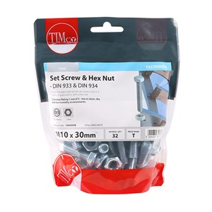 A fully threaded high tensile set screw with hex nut, used in a wide variety of applications. NOTE: Nuts included.

• Plated in Trivalent Chromium (Cr3) Zinc
• Manufactured from grade 8.8 carbon steel