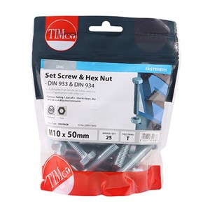 A fully threaded high tensile set screw with hex nut, used in a wide variety of applications. NOTE: Nuts included.

• Plated in Trivalent Chromium (Cr3) Zinc
• Manufactured from grade 8.8 carbon steel