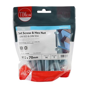 A fully threaded high tensile set screw with hex nut, used in a wide variety of applications. NOTE: Nuts included.

• Plated in Trivalent Chromium (Cr3) Zinc
• Manufactured from grade 8.8 carbon steel