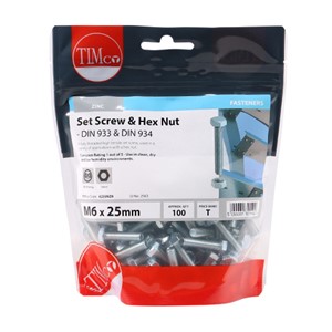 A fully threaded high tensile set screw with hex nut, used in a wide variety of applications. NOTE: Nuts included.

• Plated in Trivalent Chromium (Cr3) Zinc
• Manufactured from grade 8.8 carbon steel