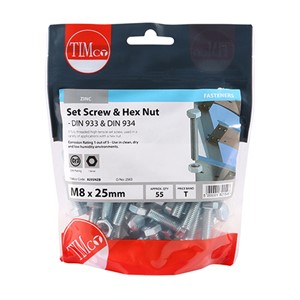 A fully threaded high tensile set screw with hex nut, used in a wide variety of applications. NOTE: Nuts included.

• Plated in Trivalent Chromium (Cr3) Zinc
• Manufactured from grade 8.8 carbon steel