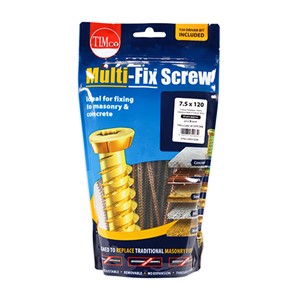 A rapid and effective light duty anchoring system for fixing into concrete, brick, stone, concrete block and wood. This through fixing provides a single solution and replaces traditional fixings such as nylon frame and hammer fixings.

• Designed to replace traditional masonry fixings
• TX30 TX Drive recess to reduce driver wear &amp; prevent camming-out
• Serrated V-threads to achieve optimum insertion into all masonry types
• Zinc plated and yellow passivated for increased corrosion resistance
• High-Low thread on first 30mm to aid insertion and reduce torque
• Ideal for fitting windows and door frames