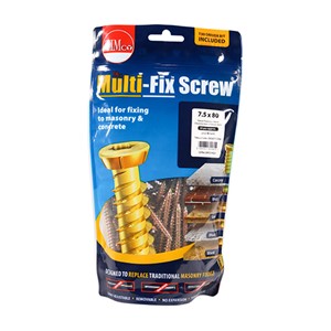 A rapid and effective light duty anchoring system for fixing into concrete, brick, stone, concrete block and wood. This through fixing provides a single solution and replaces traditional fixings such as nylon frame and hammer fixings.

• Designed to replace traditional masonry fixings
• TX30 TX Drive recess to reduce driver wear &amp; prevent camming-out
• Serrated V-threads to achieve optimum insertion into all masonry types
• Zinc plated and yellow passivated for increased corrosion resistance
• High-Low thread on first 30mm to aid insertion and reduce torque
• Ideal for fitting windows and door frames