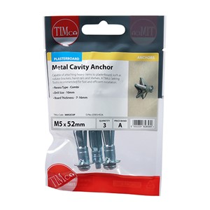 A cavity fixing that is ideal for hanging radiators, brackets, hand rails and shelving units. When installing multiple anchors a TIMco Setting Tool is recommended for a fast and efficient way of installation.