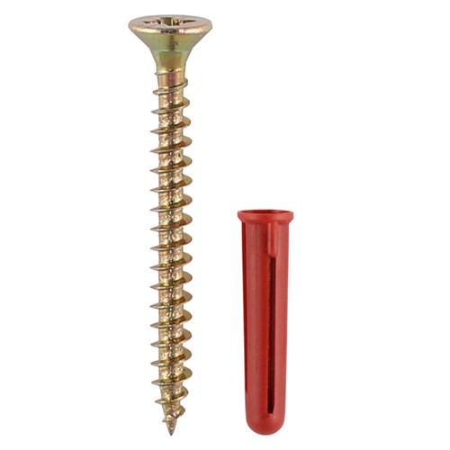 Plastic plugs supplied with screws, suitable for all kinds of masonry and substrate materials in medium to lightweight applications. NOTE: It may be beneficial to reduce drill diameter in soft materials.