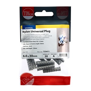 Versatile plugs manufactured from durable nylon. Superior performance in both hollow or solid materials. Perfect for applications where there is uncertainty with regards to the type of base material.

• Screws not included
• *When selecting screw length, add thickness of fixture to &#39;Min required screw length&#39;.
• **We do not recommend the use of power tools when fixing to plasterboard.