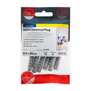 Versatile plugs manufactured from durable nylon. Superior performance in both hollow or solid materials. Perfect for applications where there is uncertainty with regards to the type of base material.

• Screws not included
• *When selecting screw length, add thickness of fixture to &#39;Min required screw length&#39;.
• **We do not recommend the use of power tools when fixing to plasterboard.