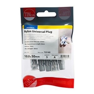 Versatile plugs manufactured from durable nylon. Superior performance in both hollow or solid materials. Perfect for applications where there is uncertainty with regards to the type of base material.

• Screws not included
• *When selecting screw length, add thickness of fixture to &#39;Min required screw length&#39;.
• **We do not recommend the use of power tools when fixing to plasterboard.