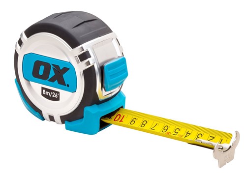 The OX Pro 8M Tape Measure features a 32mm wide blade with an impressive 2.8M stand out with both metric and imperial graduations. The heavy duty case with chrome over mould ensures durability while the big end hook ensures easy clip to surfaces. The handy belt hook makes fastening to a tool belt and portability easy. The tape comes with an easy to carry strap.