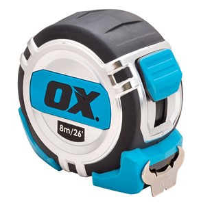 The OX Pro 8M Tape Measure features a 32mm wide blade with an impressive 2.8M stand out with both metric and imperial graduations. The heavy duty case with chrome over mould ensures durability while the big end hook ensures easy clip to surfaces. The handy belt hook makes fastening to a tool belt and portability easy. The tape comes with an easy to carry strap.