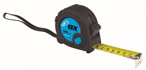 The OX Trade 5M Tape Measure features a 25mm wide nylon coated blade with both metric and imperial graduations and a shock absorbing blade return bumper. The tape measure also has a quick release bottom strip and east access sliding thumb lock.