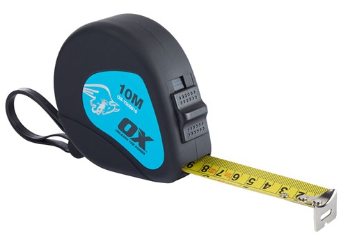 The OX Trade 10M Tape Measure features a 25mm wide nylon coated blade with both metric and imperial graduations and a shock absorbing blade return bumper. The tape measure also has a quick release bottom strip and east access sliding thumb lock.