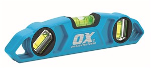 The OX 250mm Torpedo Level is ideal for use in trade as it has a Die-Cast aluminium body which provides protection from damage and a longer life span and 3 solid block vials so this can be used in different angles and in different applications meaning this is a versatile level to say the least. It has rare earth magnets which provide a strong grip to metal surfaces so the user can use their hands for other jobs without having to worry about the level. Its accuracy is 0.5mm/m so you can be satisfied the job can be finished accurately and efficiently. The surface of the level has a V groove for comfort when using.