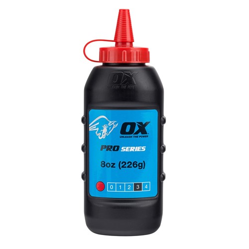 The Ox pro chalk refill  in red colour comes in an easy pour , refillable bottle.  The powder formulation has good adhesion and high visibility and is ideal for both exterior and interior use. For use with chalk lines.