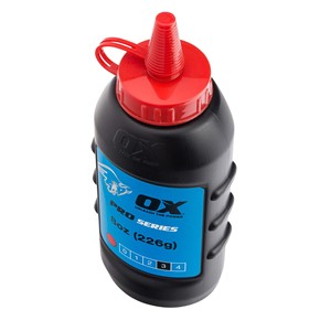 The Ox pro chalk refill  in red colour comes in an easy pour , refillable bottle.  The powder formulation has good adhesion and high visibility and is ideal for both exterior and interior use. For use with chalk lines.