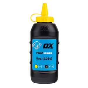 The Ox pro chalk refill  in yellow colour comes in an easy pour , refillable bottle.  The powder formulation has good adhesion and high visibility and is ideal for both exterior and interior use. For use with chalk lines.