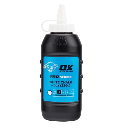 The Ox pro chalk refill  in white colour comes in an easy pour , refillable bottle.  The powder formulation has good adhesion and high visibility and is ideal for both exterior and interior use. For use with chalk lines.