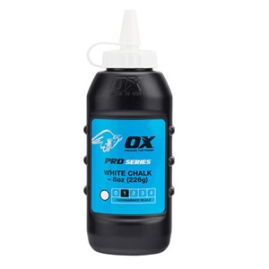 The Ox pro chalk refill  in white colour comes in an easy pour , refillable bottle.  The powder formulation has good adhesion and high visibility and is ideal for both exterior and interior use. For use with chalk lines.