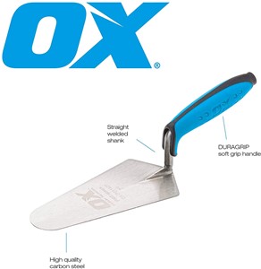 The OX Plastering Trowel comes with a soft dura-grip handle with finger protection, for enhanced comfort. It is has a well-balanced design that makes it a great finishing tool especially for plastering work.  The OX Gauging Trowel is very flexible and lightweight, and can be transported with ease and is made from high-quality carbon steel.  The OX Bricklaying Gauging Trowel is put through a heat treatment process, which increases the blade&#39;s ductility, machinability, and increases its impact strength and has a tough, robust construction that incorporates high quality and durability.