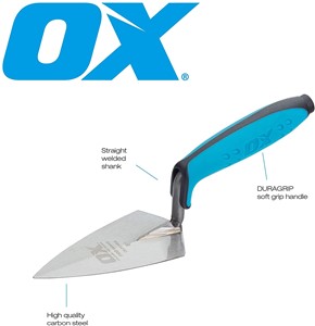 The OX Pro Series Pointing Trowel is fitted with dura-grip Soft Handle and finger protection for enhanced comfort and protection.   The straight welded shank of the OX Pointing Trowel with a Philadelphia Pattern is designed to scrape wet mortar and eliminate material wastage from the trowel with ease and  has a soft handle and can be used in building works, plastering, industries, etc.  The OX Philadelphia Pattern Pointing Trowel has a robust construction and is made using high-quality materials. The trowel works well in diverse condition for a longer period of time without any hassle.