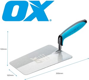 The OX PRO Series Bucket Trowel blade is forged from a single-piece tempered carbon steel that is hardened for extreme durability and is fitted with Dura Grip Soft Handle with finger protection for ultimate comfort and protection.  The straight shank of the OX PRO Series Bucket Trowel is designed to scrape wet mortar and eliminate material wastage in the bucket.  The OX PRO Bucket Trowel can be used in building works, plastering, industries, etc.