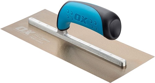 The OX Pro Stainless Steel Plasterers Trowel is designed with pre-worn edges which helps in eliminating line &amp; ripple marks with ease and  is made with premium quality tempered stainless steel blade and a fully riveted shank ensuring durability and reliability.  he OX Finishing Trowel uses a lightweight shank made of industrial grade aluminium which is riveted completely across the blade to prevent any bends or breaks.  The OX Builders Plastering Trowel has a soft and comfortable dura-grip handle and a thumb guard for extra comfort and safety.