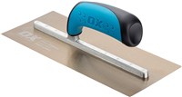 The OX Pro Stainless Steel Plasterers Trowel is designed with pre-worn edges which helps in eliminating line & ripple marks with ease and  is made with premium quality tempered stainless steel blade and a fully riveted shank ensuring durability and reliability.  he OX Finishing Trowel uses a lightweight shank made of industrial grade aluminium which is riveted completely across the blade to prevent any bends or breaks.  The OX Builders Plastering Trowel has a soft and comfortable dura-grip handle and a thumb guard for extra comfort and safety.