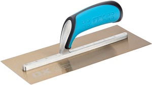 The OX Pro Stainless Steel Plasterers Trowel is designed with pre-worn edges which helps in eliminating line &amp; ripple marks with ease and  is made with premium quality tempered stainless steel blade and a fully riveted shank ensuring durability and reliability.  he OX Finishing Trowel uses a lightweight shank made of industrial grade aluminium which is riveted completely across the blade to prevent any bends or breaks.  The OX Builders Plastering Trowel has a soft and comfortable dura-grip handle and a thumb guard for extra comfort and safety.