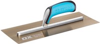The OX Pro Stainless Steel Plasterers Trowel is designed with pre-worn edges which helps in eliminating line & ripple marks with ease and  is made with premium quality tempered stainless steel blade and a fully riveted shank ensuring durability and reliability.  he OX Finishing Trowel uses a lightweight shank made of industrial grade aluminium which is riveted completely across the blade to prevent any bends or breaks.  The OX Builders Plastering Trowel has a soft and comfortable dura-grip handle and a thumb guard for extra comfort and safety.