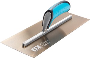 The OX Pro Stainless Steel Plasterers Trowel is designed with pre-worn edges which helps in eliminating line &amp; ripple marks with ease and  is made with premium quality tempered stainless steel blade and a fully riveted shank ensuring durability and reliability.  he OX Finishing Trowel uses a lightweight shank made of industrial grade aluminium which is riveted completely across the blade to prevent any bends or breaks.  The OX Builders Plastering Trowel has a soft and comfortable dura-grip handle and a thumb guard for extra comfort and safety.