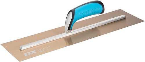 The OX Pro Stainless Steel Plasterers Trowel is designed with pre-worn edges which helps in eliminating line &amp; ripple marks with ease and  is made with premium quality tempered stainless steel blade and a fully riveted shank ensuring durability and reliability.  he OX Finishing Trowel uses a lightweight shank made of industrial grade aluminium which is riveted completely across the blade to prevent any bends or breaks.  The OX Builders Plastering Trowel has a soft and comfortable dura-grip handle and a thumb guard for extra comfort and safety.