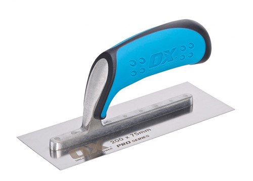 The OX Pro Trowel has a high-quality stainless steel blade which is perfectly shaped and tempered for durability.  The stainless steel Blade of the OX Pro Trowel is attached to a fully riveted shank, to provide superior balance and strength while working and also it has a strong aluminium shank, to add to the stability of the plastering trowel.  The OX Pro Trowel is engineered with an ergonomic handle which reduces hand fatigue and gives a non-slip grip, hence adding both comfort and strength while working.