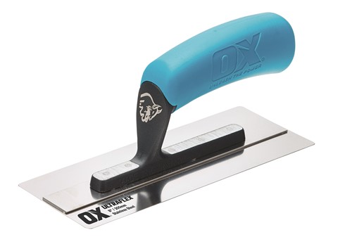 The OX Pro Trowel has a high-quality stainless steel blade which is perfectly shaped and tempered for durability.  The stainless steel Blade of the OX Pro Trowel is attached to a fully riveted shank, to provide superior balance and strength while working,  The Ox Pro Trowel has a strong aluminum shank, to add to the stability of the plastering trowel.  The OX Pro Trowel is engineered with an ergonomic handle which reduces hand fatigue and gives a non-slip grip, hence adding both comfort and strength while working.  The Ox Pro Trowel is lightweight yet sturdy, making it easy to manoeuvre and use across jobs.