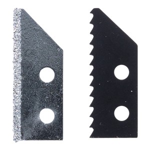 The carbide-tipped OX Grout Remover Replacement Blades avoid kerf tear out for smoother and more precise cuts. The carbide blades are long-lasting and can withstand consistent pressure during operation.   The OX Grout Remover Replacement Blades are great for grinding, cleaning or removing old grout. The package includes 2 grout blades in which 1 blade features a carbide grit-edge to keep its sharpness longer. The second blade is serrated.  When both the blades are combined the serrated blade helps move the grout dust off to cut through the material. For best results, use one blade for walls and thin grout lines and use both blades for floors and thicker grout lines.   he OX Grout Replacement Blades are suitable for the grout remover tool which can be purchased separately.