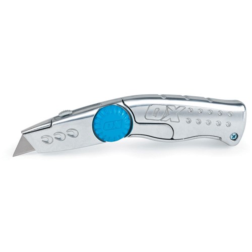 The OX pro heavy duty retractable knife has a quick change facility which accepts most standard utility blades.  The firm grip handle on this knife gives the user confidence that the knife is less likely to slip.  The versatility of this knife enables you to store spare blades in the handle, 10blades are included with the knife.