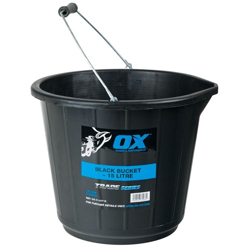 The OX trade black bucket is a tough 15l- 3 gallon plastic bucket