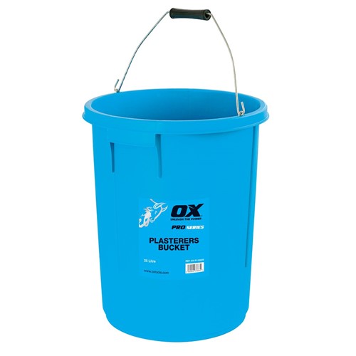 The OX pro heavy duty plasterers bucket which is perfect for mixing plaster and a strong wire handle and plastic carry grip.  The Plasterers bucket has a 5 gallon/ 25 litre capacity.