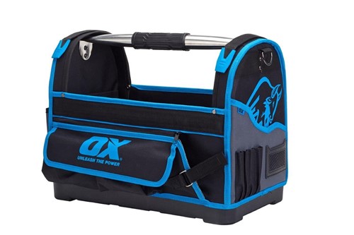 The OX pro open tool tote bag is an extremely tough bag for ultimate durability.  The tote has a heavy duty steel handle with a rubber grip.  The open structure allows for quick and easy tool access.