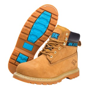 The OX honey nubuck safety boots have a steel toe and midsole and a honey nubuck leather upper.  The oil resistant sole gives you extra stability and confidence.