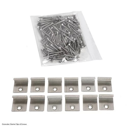 The Grono Decking clips have been specifically designed for the Gronodec range of composite decking .  The clips are constructed from stainless steel making them tough and long lasting.  The clips are essential for neatly starting and completing your composite decking  installation.  Pack contains 100 clips and screws.