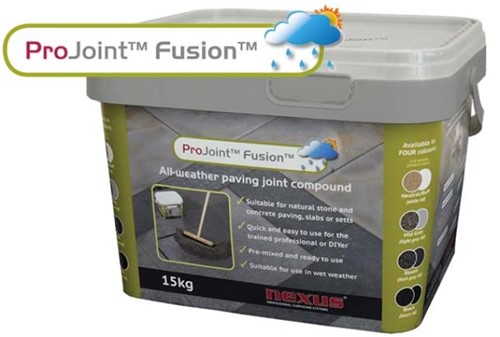 The all weather paving joint compound.
The quick and easy solution to filling joints between paving slabs and setts, suitable for natural stone and concrete paving. Simple to use, ProJoint™ Fusion™ allows an untrained hand to consistently deliver perfect joints every time - whatever the weather! 
It delivers a weed free, frost resistant joint, without staining the paving - saving you time and money.  ProJoint™ Fusion™ is supplied in two vacuum-packed pouches within the tub.