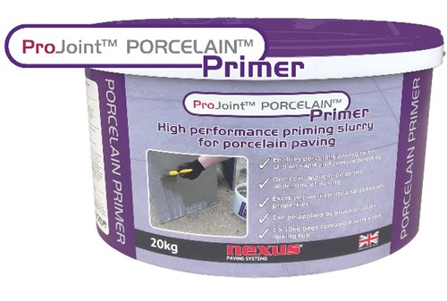 A high performance priming slurry for porcelain paving
The ProJoint™ Porcelain™ Primer is an ultra-high polymer and fibre modified flexible primer with excellent workability and adhesion properties. As a single coat fast application, ProJoint™ Porcelain™ Primer promotes adhesion and control suction on difficult substrates such as porcelain, concrete, ceramic tiles, paving slabs or setts.  Using the ProJoint™ Porcelain™ Primer enables the porcelain slabs or setts to be laid on a sand and cement bedding.
The powdered primer is supplied in two 10kg bags to allow the bucket to act as the ideal mixing vessel with the simple addition of water.