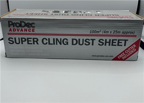 Static charged polythene dust sheet roll that clings to almost any surface
Quick and simple application - reposition again and again
Protects surfaces and attracts overspray &amp; sanding dust
Handy cutter included
4m x 25m roll