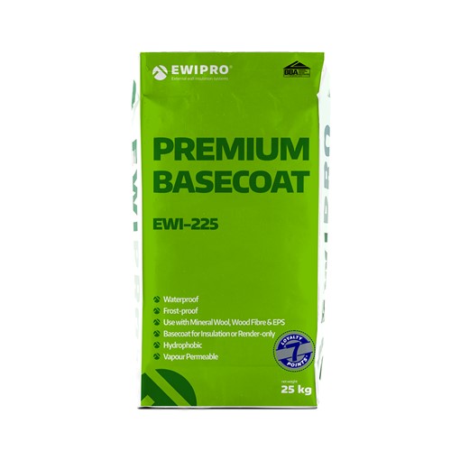 Premium Basecoat is breathable, high strength and durable. EWI-225 is  EWIPro’s finest basecoat adhesive, and can be used for a range of solutions. For example, this product is ideal as a basecoat/adhesive for Mineral Wool, Kingspan K5 and Wood Fibre insulation boards, or as a render-only solution for a range of substrates, including render carrier board.

The adhesive contains white Portland cement and a high concentration of polymer-modified binders – making it stronger than other basecoat adhesives, such as EWI-220. Once the basecoat has dried it provides an incredibly strong and flexible reinforcement layer; we therefore highly recommend this product for ‘render only’ systems. 

You can use our Premium Basecoat for the following two purposes:

An adhesive used to create the reinforcement basecoat layer in render only or Mineral Wool, EPS, Kingspan K5 and Wood Fibre EWI systems
An adhesive used to fix Mineral Wool (Rockwool) to a substrate.
Premium Basecoat is prepared in the same way regardless of whether it is being used as a basecoat or an adhesive for fixing the Mineral Wool insulation boards to the substrate. The Premium Basecoat comes as a dry mix in 25kg so needs to be mixed with clean, cold water ( &gt;5.9 litres) prior to use.

We suggest filling a large bucket with the correct quantities of water prior to adding the dry basecoat mixture. Use a paddle mix to mix the basecoat with water until you have achieved an even consistency mortar. Leave the bucket for 5-10 minutes after mixing, and then mix again before using the adhesive.