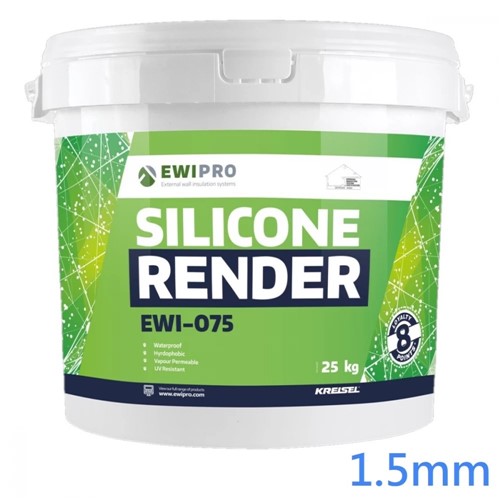 EWI-075 Silicone Render is one of our most popular Silicone Render products. This polymer modified, ready-to-use render is normally applied externally to produce a decorative finish on buildings. The render is suitable for use on brick, concrete, render carrier boards, traditional plasters, gypsum substrates and on external wall insulation systems.

EWI Pro Silicone Render is highly breathable. This makes it ideal for application on external wall insulation systems where breathable insulants have been used. For example, Mineral Wool or Wood Fibre insulation.

The Render is also flexible, meaning you can apply it as part of a render-only system (i.e. no insulation). Unlike thicker sand and cement or monocouche renders, our Silicone Render provides a robust, long-lasting decorative finish that is unlikely to crack over time.

EWI-075 Silicone Render is available in thousands of different colours (e.g. RAL or NCS colours). If the colour you are looking for is not displayed above, please call us on 0204 5716484.

You can achieve a range of finishes from the following render grain sizes: 0.5mm, 1mm, 1.5mm, 2mm and 3mm. The 0.5mm grain will give your property a smoother look whereas going for our 3mm grain will give a more textured look.

Please note: We do not accept returns on tinted products because our tinted renders are made-to-order. Renders that have not been tinted can be returned as per our normal T&amp;Cs.

On receipt of your tinted render, please ensure the colour is as expected before application. We recommend buying one of our render samples before purchasing to ensure you are 100% happy with your chosen colour.

Colours from different batches may vary slightly. To avoid an uneven finish, mix tubs before application.