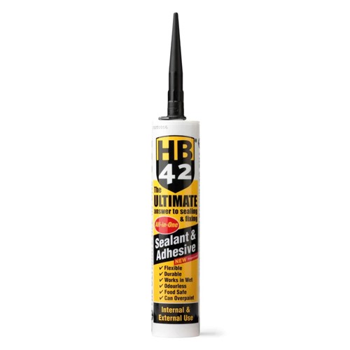 HB42 Ultimate Sealant Adhesive Black All-in-One Sealant &amp; Adhesive Seals, Sticks &amp; Fills. Based on the new generation of advanced hybrid polymer technology for outstanding adhesion and strength.

HB42 can be used inside and outdoors, from sealing bathrooms to guttering. Unlike other sealants and adhesives, HB42 is odourless, food safe and has been GEV approved, recognised for its very low emissions. Will bond to most substrates and will even bond in the wet.

HB42 Sealant &amp; Adhesive is the ultimate answer to sealing, fixing and filling. A one-tube-does-all product, designed to meet the complex demands of the construction industry. Based on advanced hybrid polymer technology, this trade strength sealant and adhesive offers outstanding performance across a wide range of industrial applications, including adhesion to glass, wood, stainless steel, aluminium, porcelain, UPVC, coated metal and polystyrene.

HB42 can be used inside and outdoors, in the wet or dry! Odourless, food safe and recognised for its very low emissions, HB42 is one of the safest all-in-one sealants on the market.