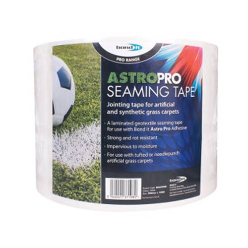 A laminated geotextile seaming tape for jointing Artificial grass carpets. Strong, rot resistant, impervious to moisture. Bond It Seaming Tape consists of 2 plys of non-woven fabric bonded together with a strong adhesive. The back layer has a smooth impervious surface whilst the top face has a more open structure to aid bonding to our Astro Pro Hybrid Adhesive