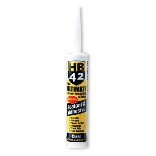 HB42 Ultimate Sealant Adhesive clear All-in-One Sealant &amp; Adhesive Seals, Sticks &amp; Fills. Based on the new generation of advanced hybrid polymer technology for outstanding adhesion and strength.

HB42 can be used inside and outdoors, from sealing bathrooms to guttering. Unlike other sealants and adhesives, HB42 is odourless, food safe and has been GEV approved, recognised for its very low emissions. Will bond to most substrates and will even bond in the wet.

HB42 Sealant &amp; Adhesive is the ultimate answer to sealing, fixing and filling. A one-tube-does-all product, designed to meet the complex demands of the construction industry. Based on advanced hybrid polymer technology, this trade strength sealant and adhesive offers outstanding performance across a wide range of industrial applications, including adhesion to glass, wood, stainless steel, aluminium, porcelain, UPVC, coated metal and polystyrene.

HB42 can be used inside and outdoors, in the wet or dry! Odourless, food safe and recognised for its very low emissions, HB42 is one of the safest all-in-one sealants on the market.