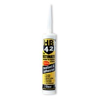 HB42 Ultimate Sealant Adhesive clear All-in-One Sealant & Adhesive Seals, Sticks & Fills. Based on the new generation of advanced hybrid polymer technology for outstanding adhesion and strength.

HB42 can be used inside and outdoors, from sealing bathrooms to guttering. Unlike other sealants and adhesives, HB42 is odourless, food safe and has been GEV approved, recognised for its very low emissions. Will bond to most substrates and will even bond in the wet.

HB42 Sealant & Adhesive is the ultimate answer to sealing, fixing and filling. A one-tube-does-all product, designed to meet the complex demands of the construction industry. Based on advanced hybrid polymer technology, this trade strength sealant and adhesive offers outstanding performance across a wide range of industrial applications, including adhesion to glass, wood, stainless steel, aluminium, porcelain, UPVC, coated metal and polystyrene.

HB42 can be used inside and outdoors, in the wet or dry! Odourless, food safe and recognised for its very low emissions, HB42 is one of the safest all-in-one sealants on the market.