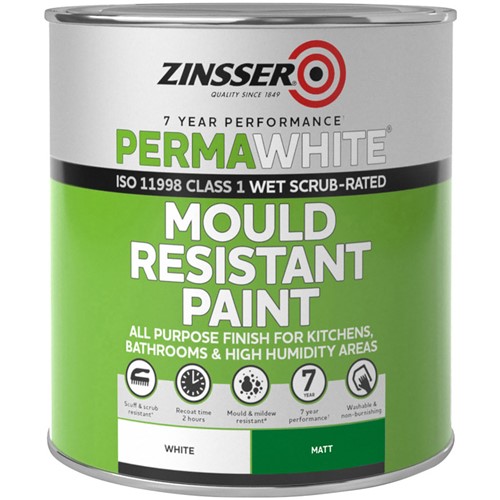 Zinsser mould-resistant paint excels in areas of persistent high humidity, frequent temperature changes or poor air circulation. It contains a biocide that protects the dried coating against fungal degradation – the paint’s film is designed to resist cracking, peeling and blistering for up to seven years before first maintenance.
This matt white anti-mould paint is recommended for those rooms where a low sheen finish is preferred, such as kitchens or finished basements.